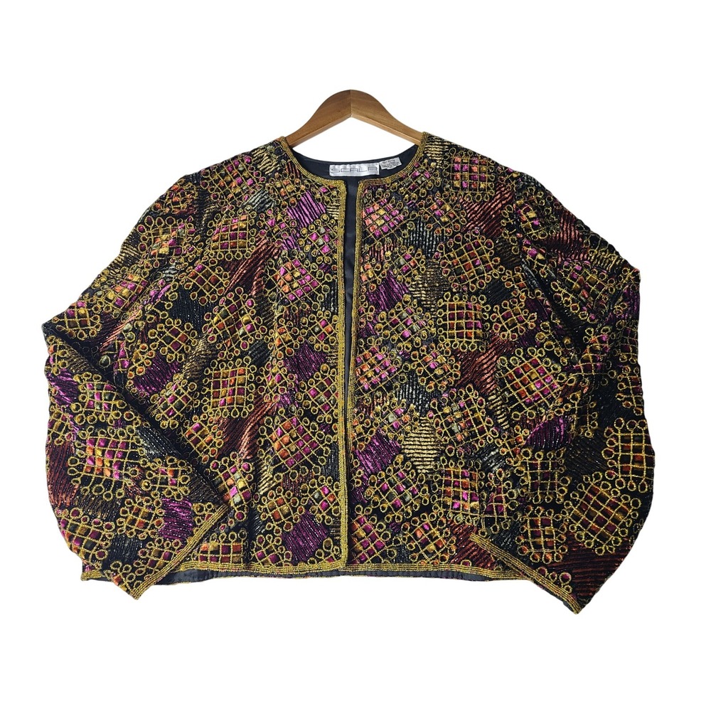 VTG Scala Beaded Jacket 2X Black Gold Purple Rayon Sequin Evening Bolero Art
